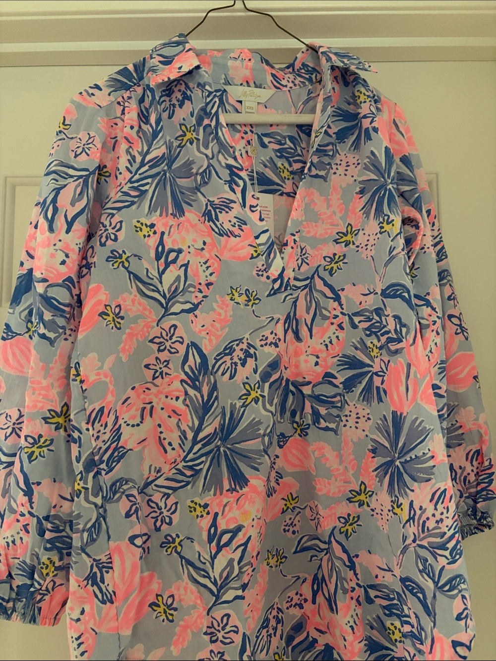 Lilly Pultizer Floral V-Neck coverup in Light Blue and Pink